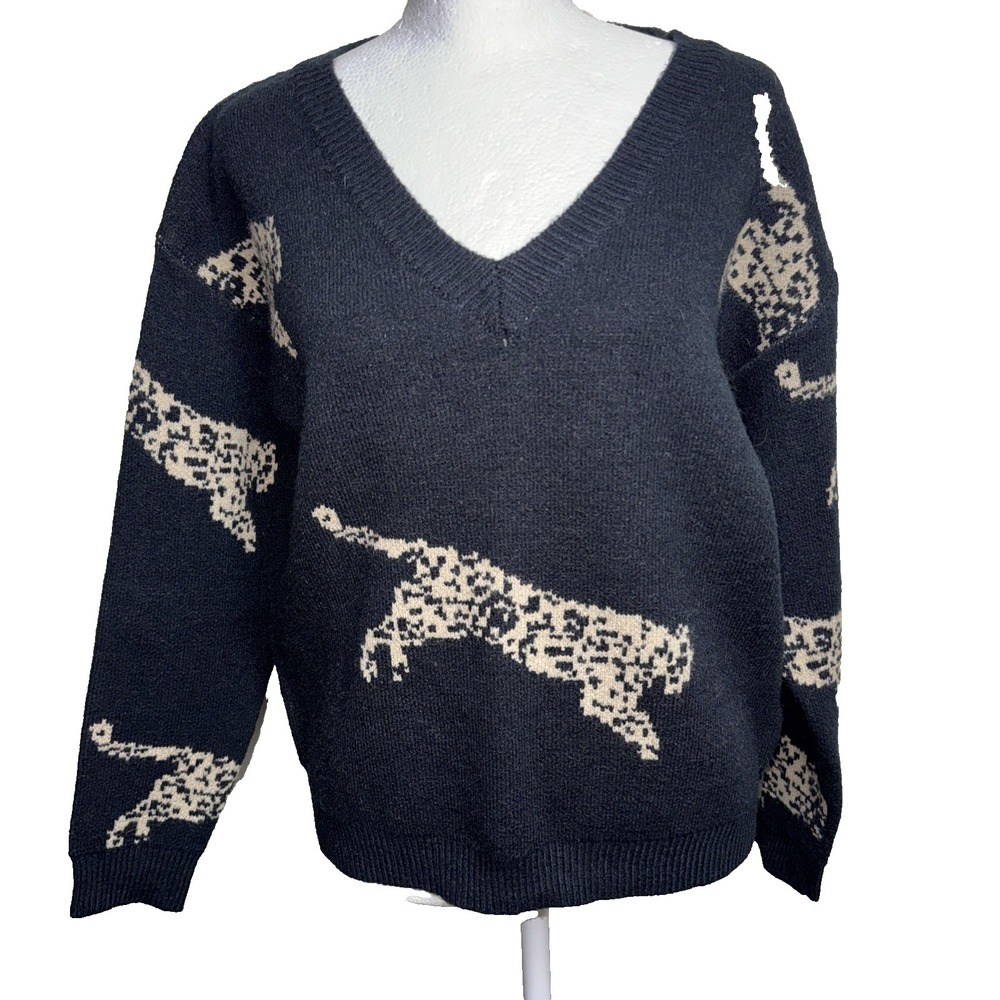 Leopard Jaguar Sweater Women's M Black Tan Jacquard Knit Indy Sleaze Mob Wife